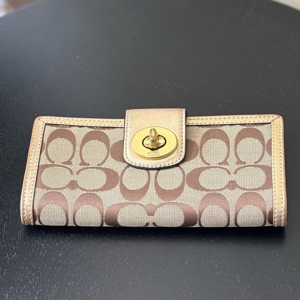 Vintage Coach Brown and Tan Signature Wallet with Turnlock Closure